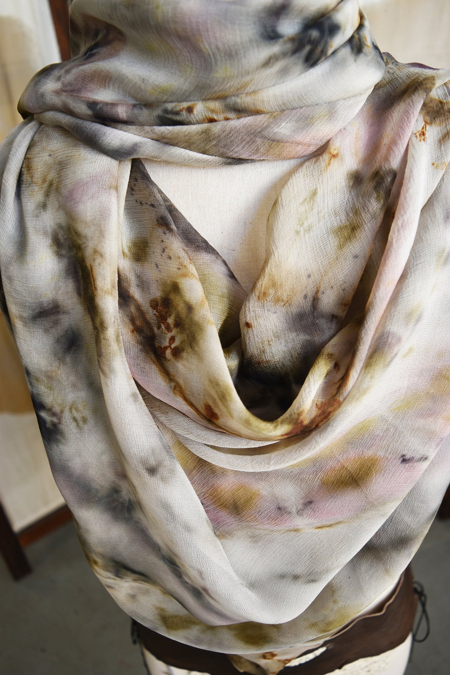 Mandala Scarf- hollyhock, rust, natural dyes, plant dye, shibori