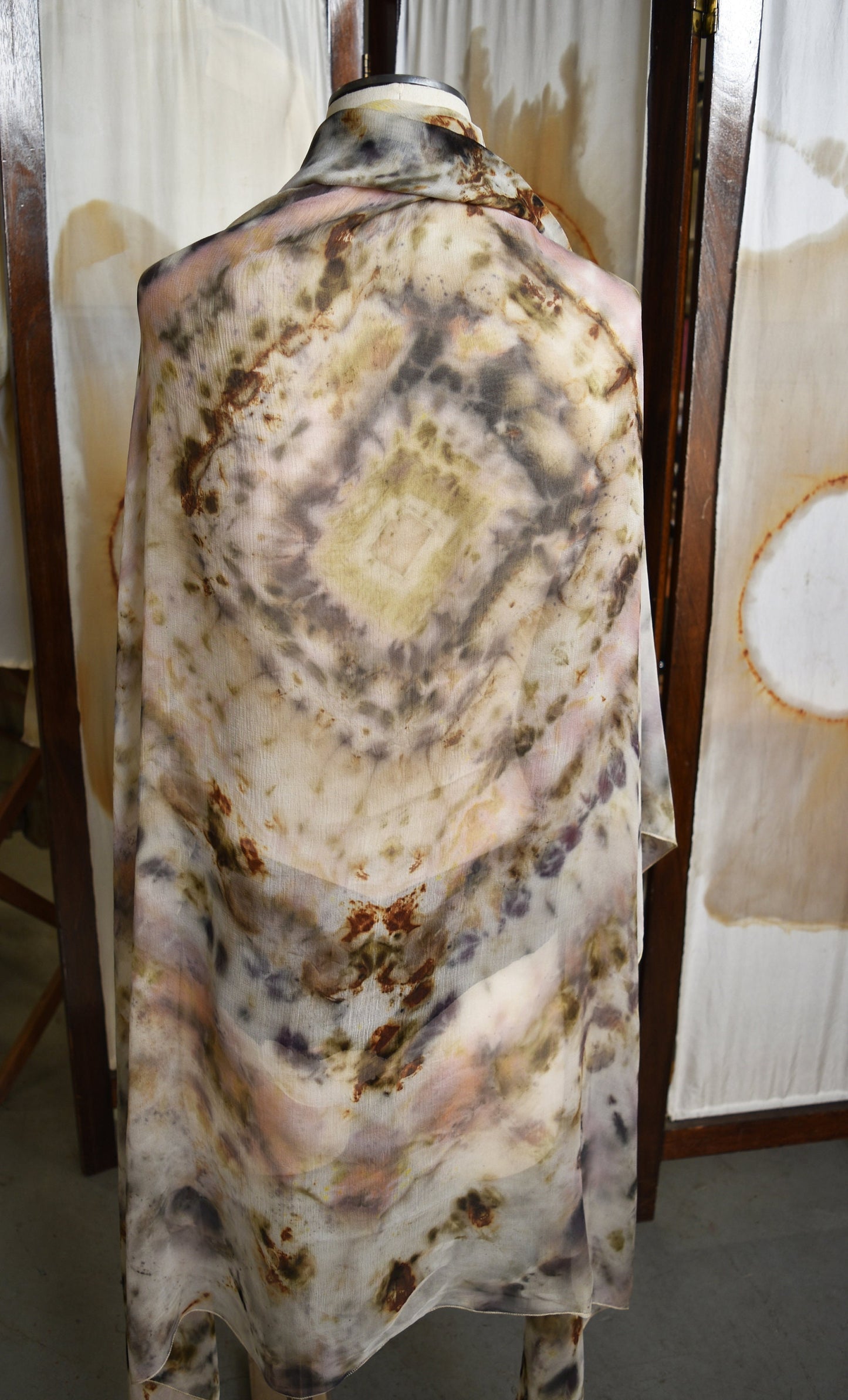 Mandala Scarf- hollyhock, rust, natural dyes, plant dye, shibori