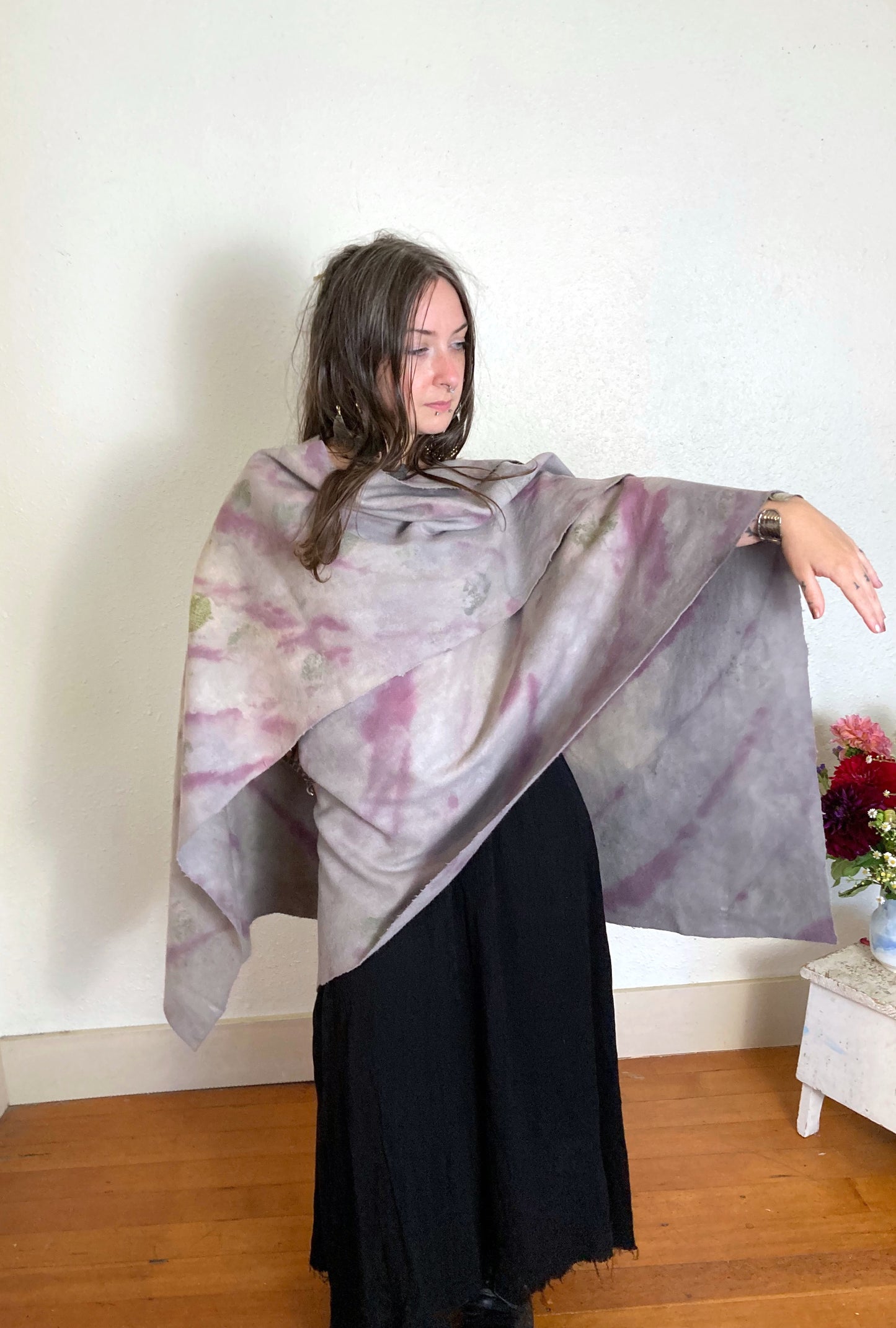 Wool Poncho - Charcoal / Pink